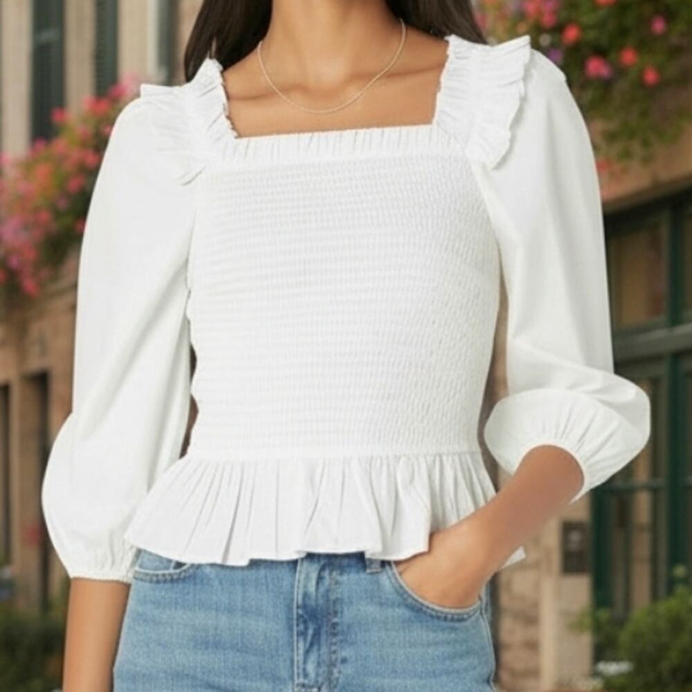 The Drop Marisol White Smocked Puff Sleeve Ruffled Top Women's Size XL NWT